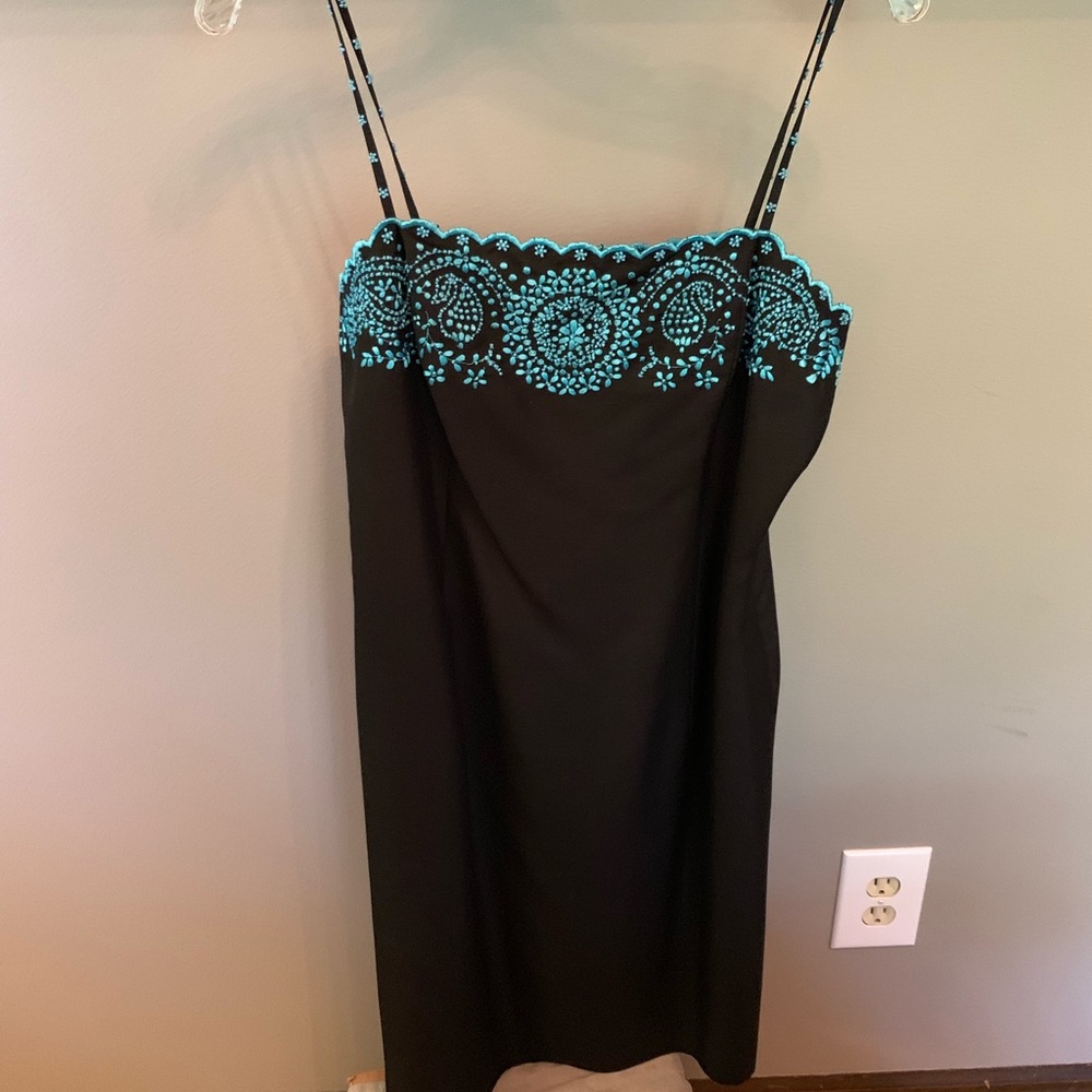 Ann Taylor Blk Silk Dress with Blue beading Sz 6.